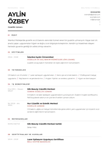 Güzellik Uzmanı Cv Örnekleri  cv indir